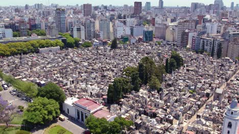 panoramic aerial view of the recoleta cemetery with its mausoleums and tombs, religious structure and residential buildings around, a tourist site in buenos aires