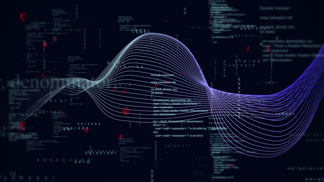 Scene opening with multiline ribbon arching left over code undulating expanding showing data flow