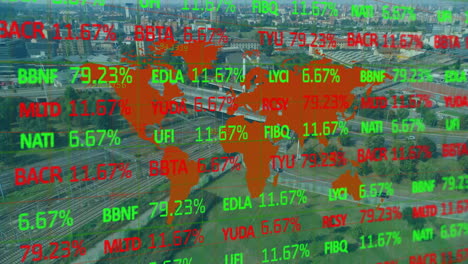orange digital world map overlay floating above city rail network with green and red code values