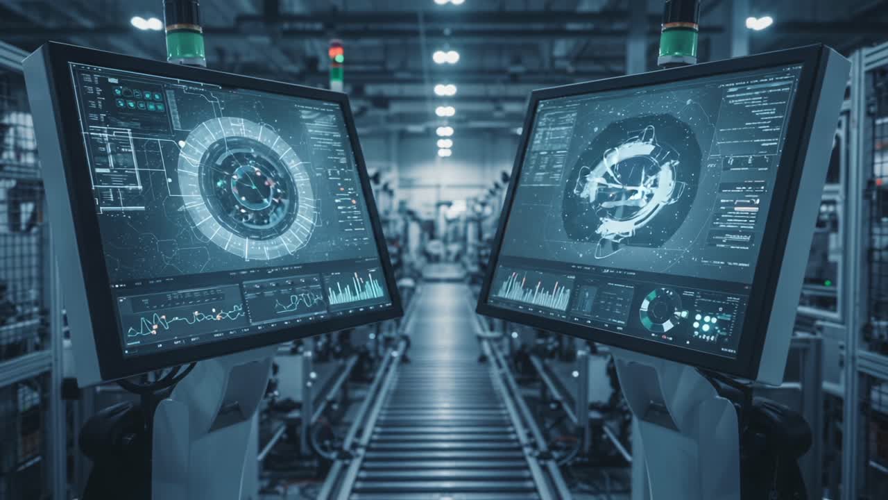 Innovative Control Systems in a Modern Industrial Environment: Display Monitors Showcasing Advanced Data Visualizations for Streamlined Operations