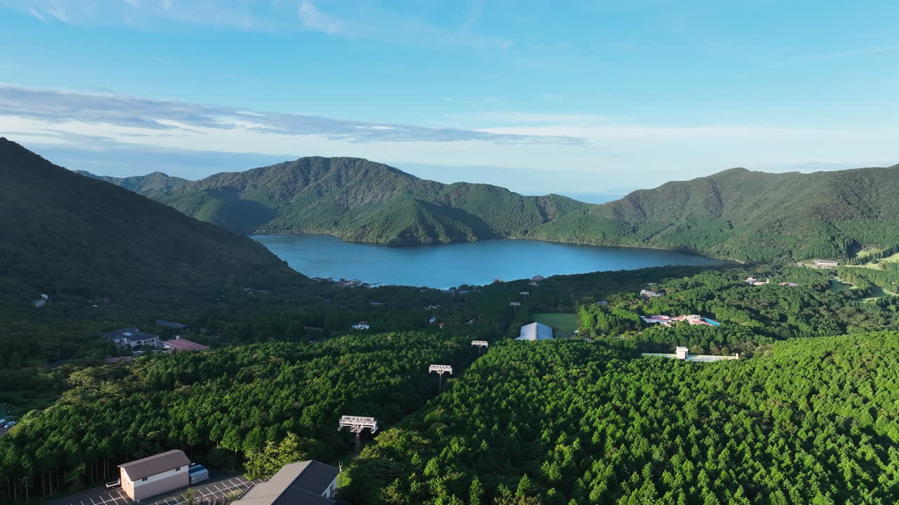 Aerial View Of Lake Ashinoko And Mountain Range Covered With Green Forest In Hakone, Japan