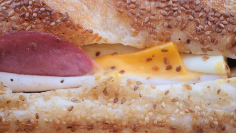 close-up of a sesame seed sandwich with sausage and cheese
