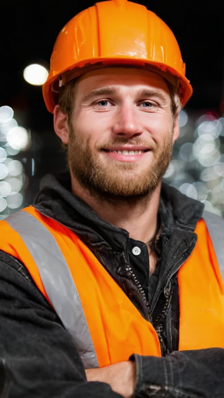 Operaio edile sorridente con dispositivi di sicurezza che dimostra professionalità e sicurezza di sé mentre è in piedi tra le luci sfocate sullo sfondo, mettendo in evidenza l'importanza della sicurezza sul posto di lavoro.