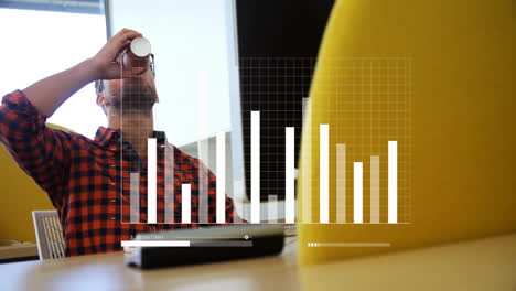 Man in checkered shirt drinking coffee with bar graph animation overlay