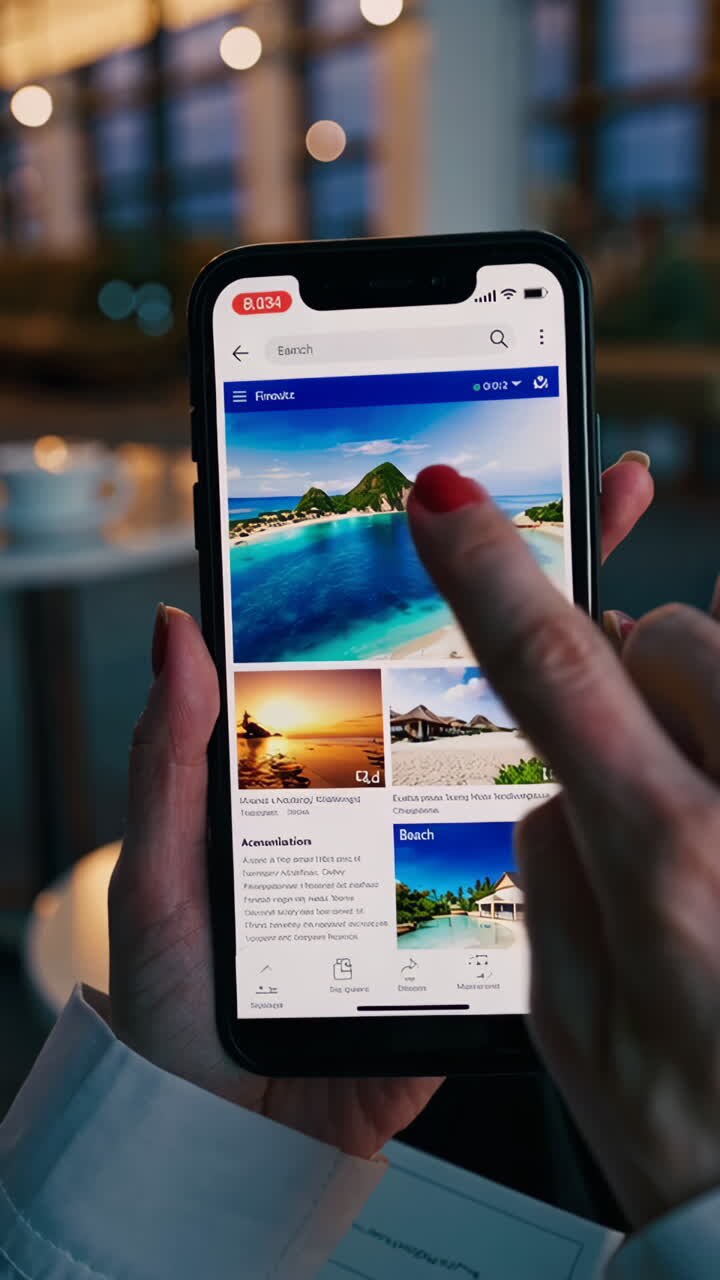 Seseorang menjelajahi destinasi wisata tropis di ponsel pintar