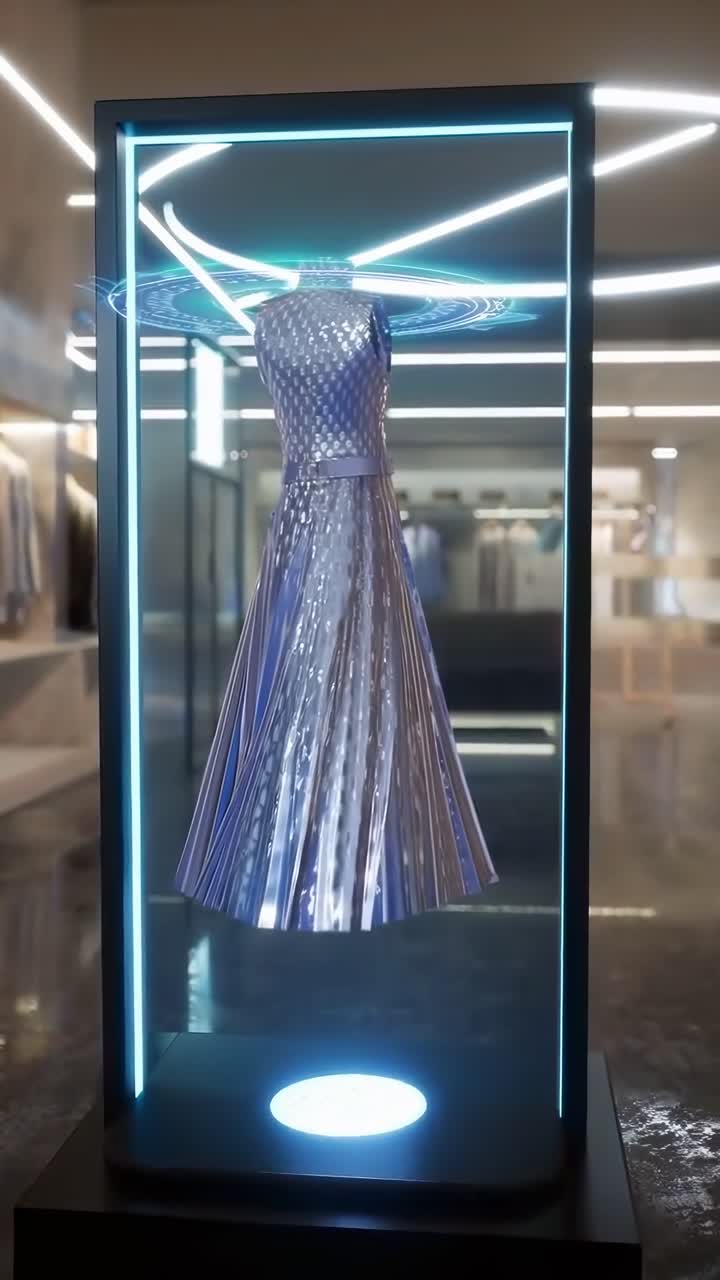 Futuristisk kjoleudstilling i en butik, filmet fra en lav vinkel, ligner en science fiction-video
