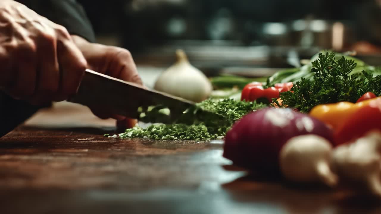 A Passionate Home Chef Engaged in the Art of Chopping Fresh Herbs and Vegetables in a Well-Appointed Kitchen, Emphasizing the Beauty of Culinary Preparation and the Joy of Cooking