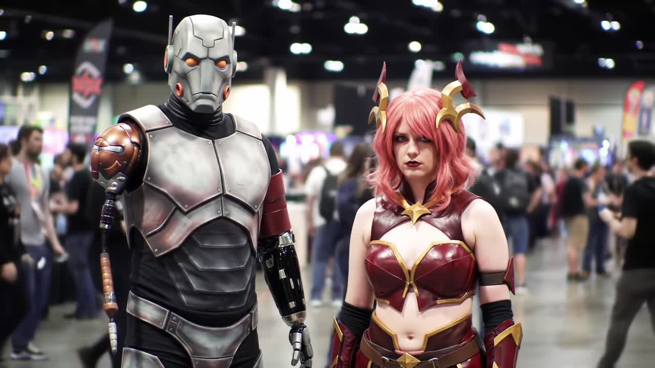 Dynamic Duo of Cosplay: A Stunning Representation of Iconic Characters Showcasing Elaborate Costumes and Engaging Atmosphere at a Bustling Convention