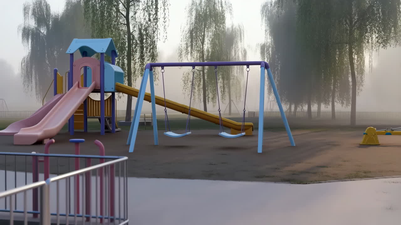 Empty Playground in a Misty Park