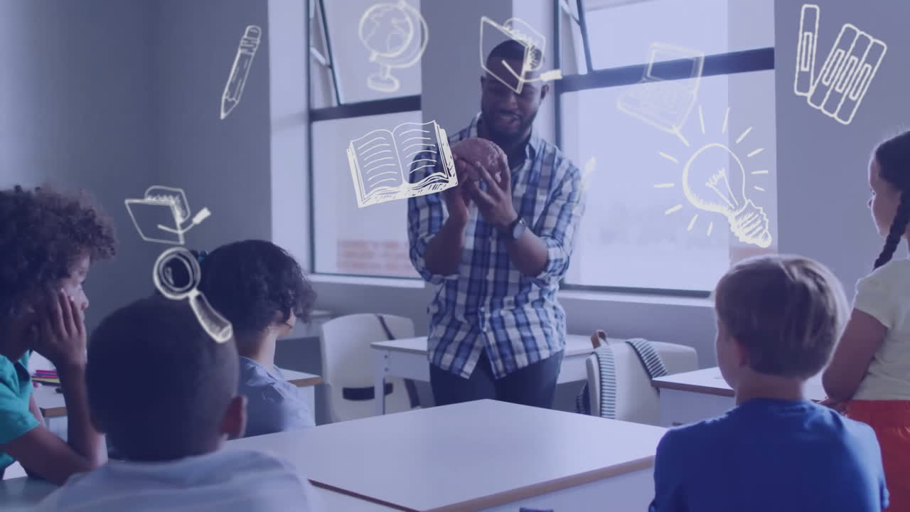 Animation of school icons over diverse male teacher and schoolchildren in classroom