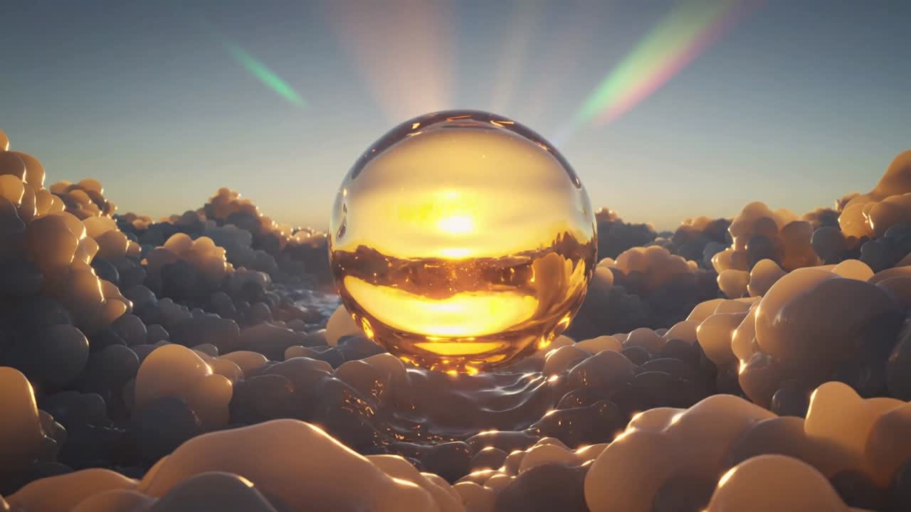 Catching low sun, transparent golden sphere concentrating light at horizon, bathing glossy mounds