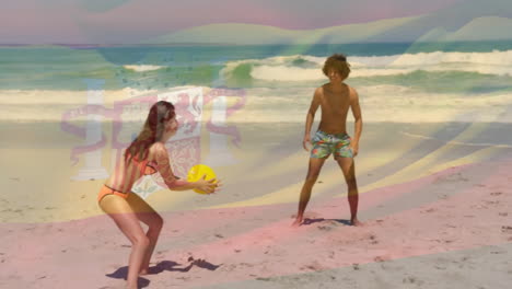 playing with frisbee on sunny beach, two people enjoying animation flag overlay