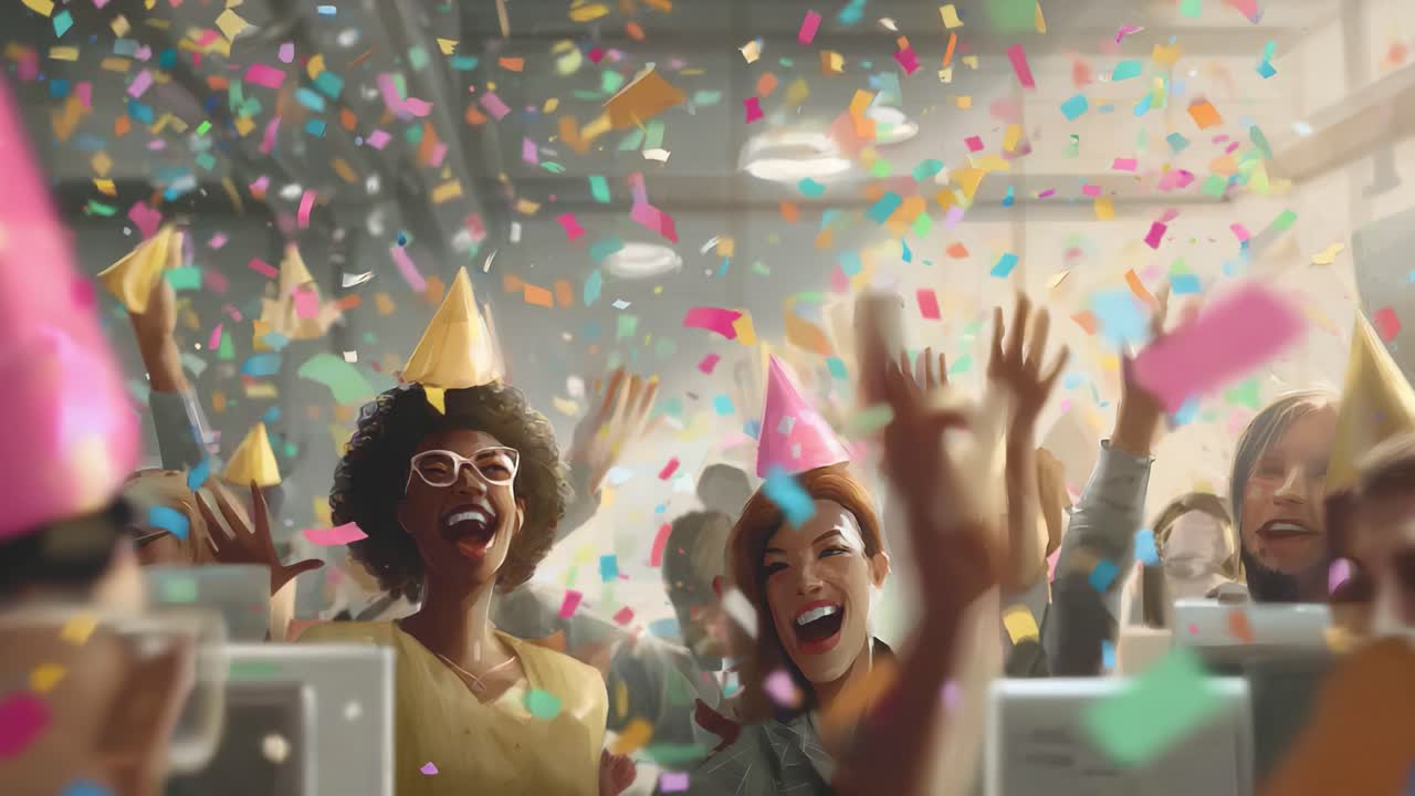 Scena celebrativa di partecipanti gioiosi con cappelli da festa colorati, immersi in un'atmosfera festosa piena di coriandoli e risate, che cattura l'essenza della felicità condivisa e dello stare insieme in un momento indimenticabile