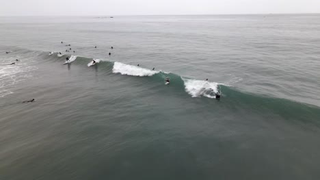 excelente vista aérea de surfistas nadando hacia las olas