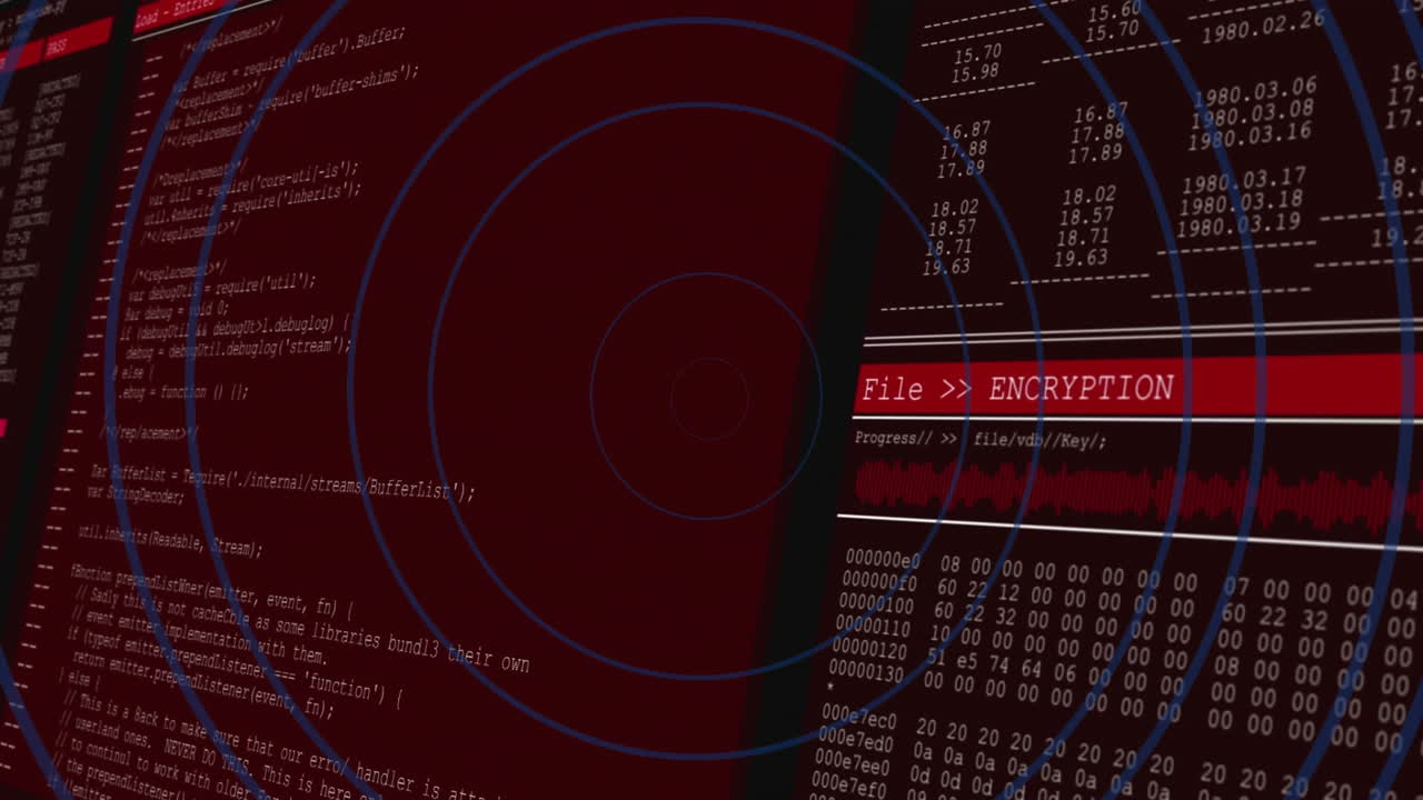Animating file encryption process with code and data visualization on red background