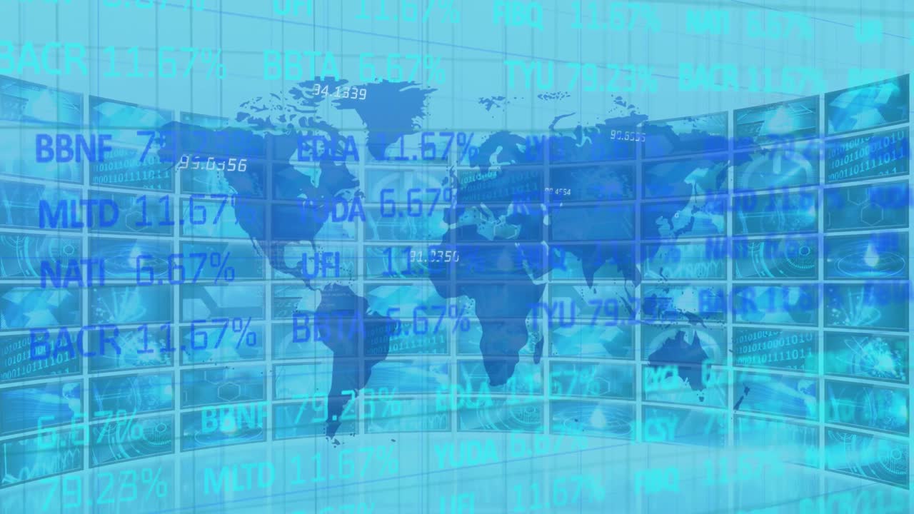 데이터와 정보가 여러 화면에서 이동하는 파란색 세계 지도의 애니메이션