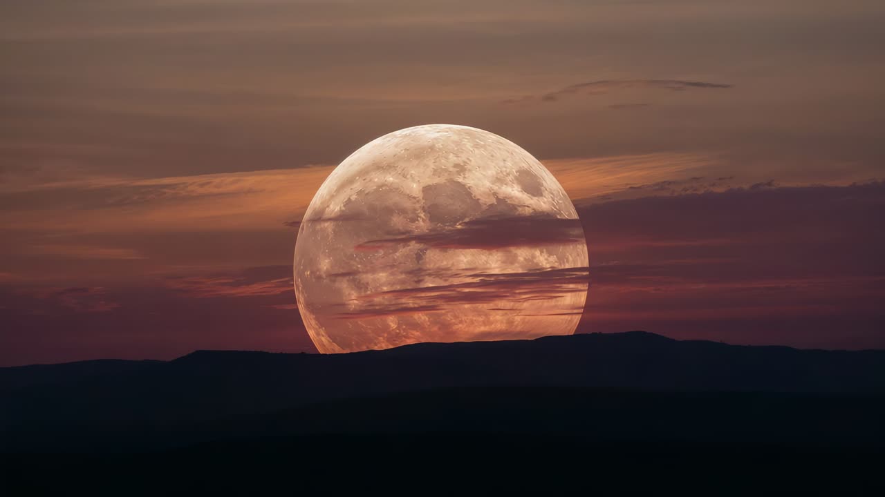 Lua cheia nascendo e ascendendo acima do cume baixo enquanto a luz do pôr do sol se dissipa, nuvens finas passando sobre a face