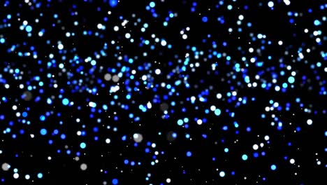 Animation-of-blue-and-white-light-spots-rising-on-black-background