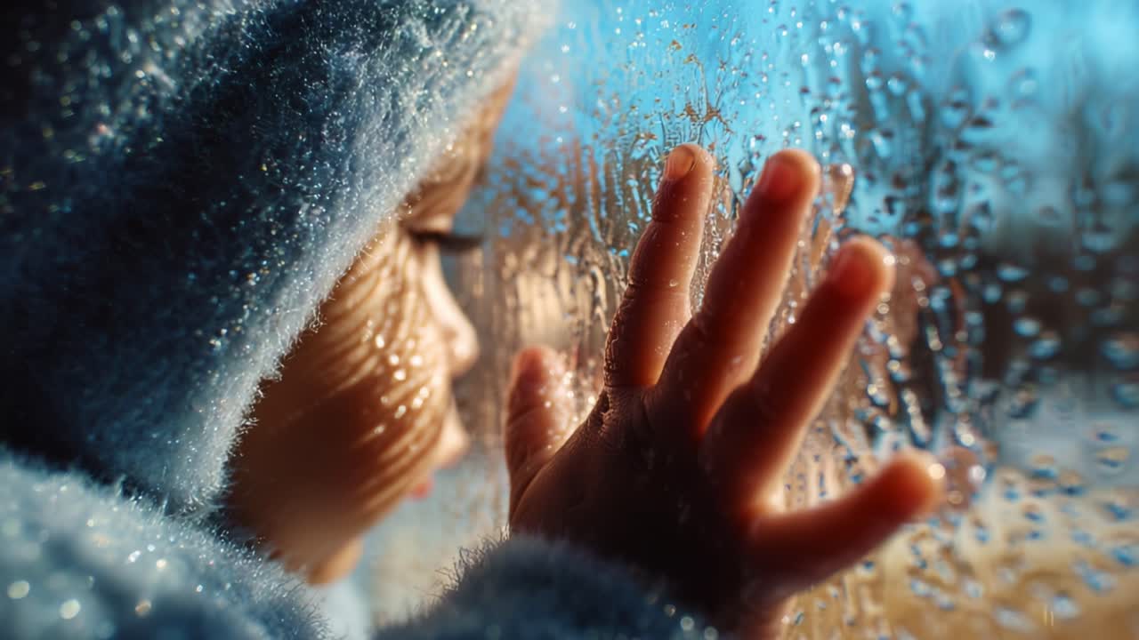 A tender moment captured through a rainy window, showcasing a child's innocent curiosity while gazing outside, framed by droplets of water and a cozy atmosphere