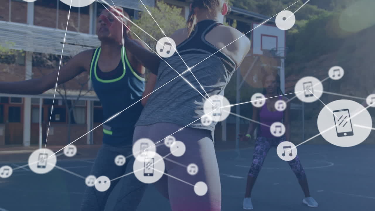 animación de redes de conexiones sobre jugadoras de baloncesto