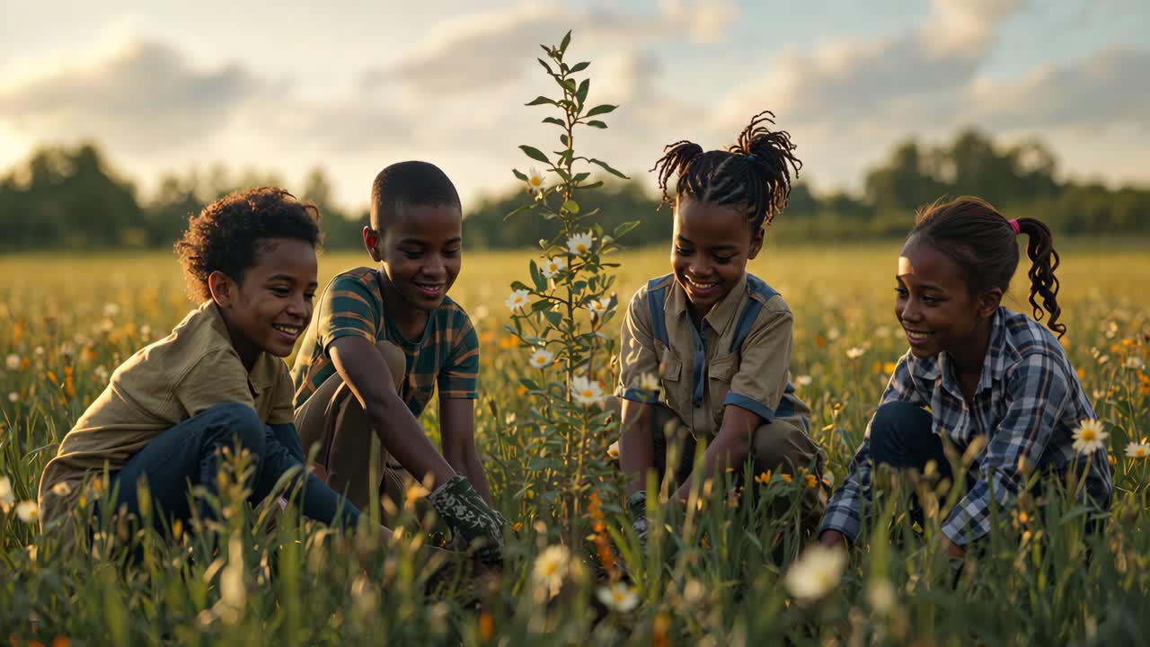 Children Planting a Tree in a Field of Daisies