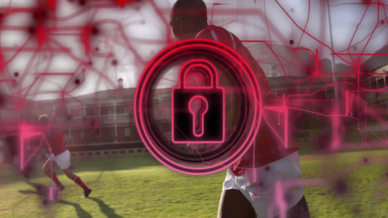 Red padlock animation over soccer players practicing on grassy field