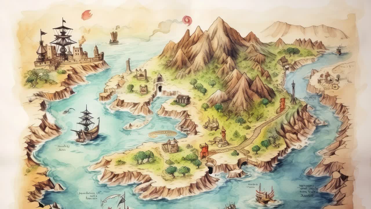Aerial view of a fantasy map with mountains, castles, and ships
