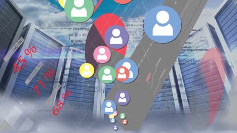 animation of social media icons and data processing over server room