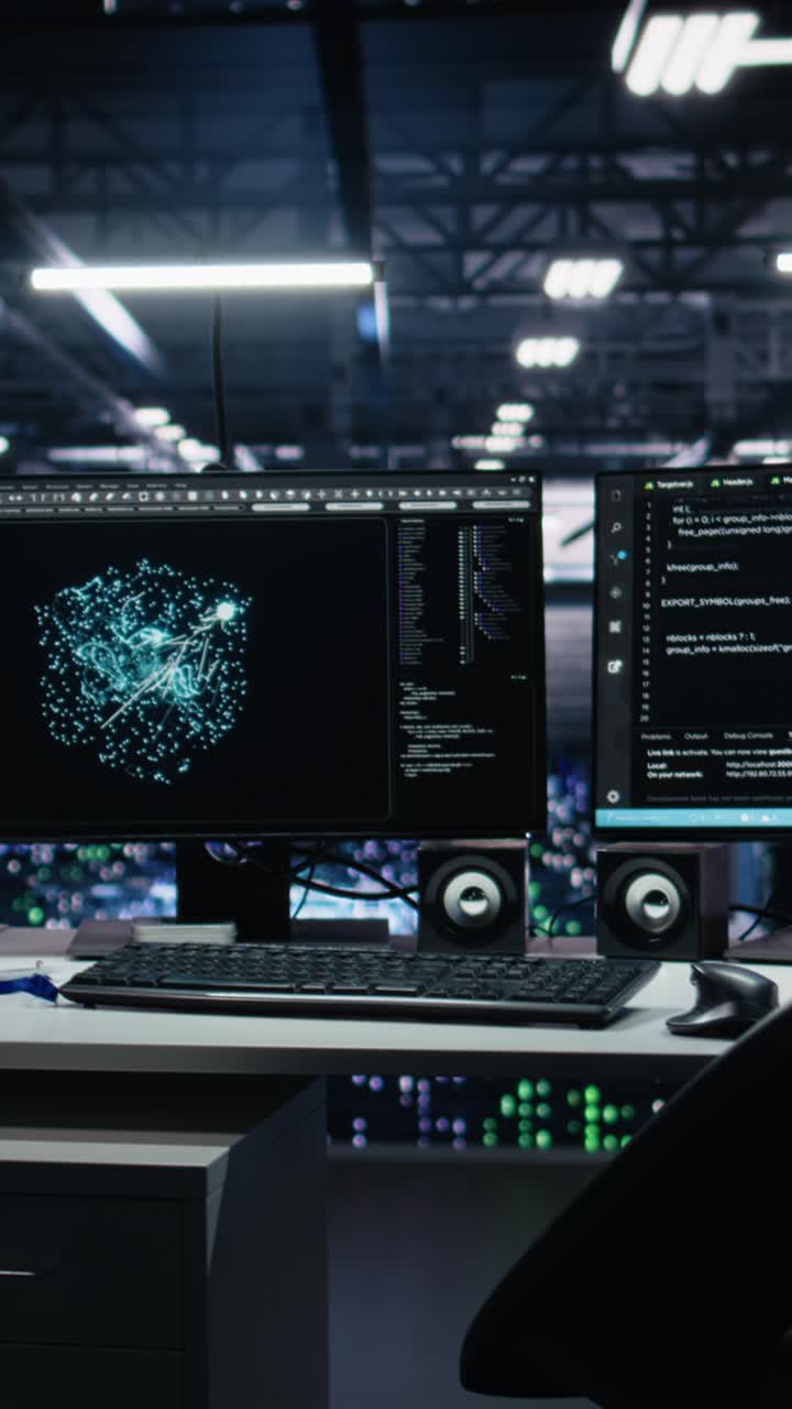 Vertical video Monitors in data center displaying AI tech software interface