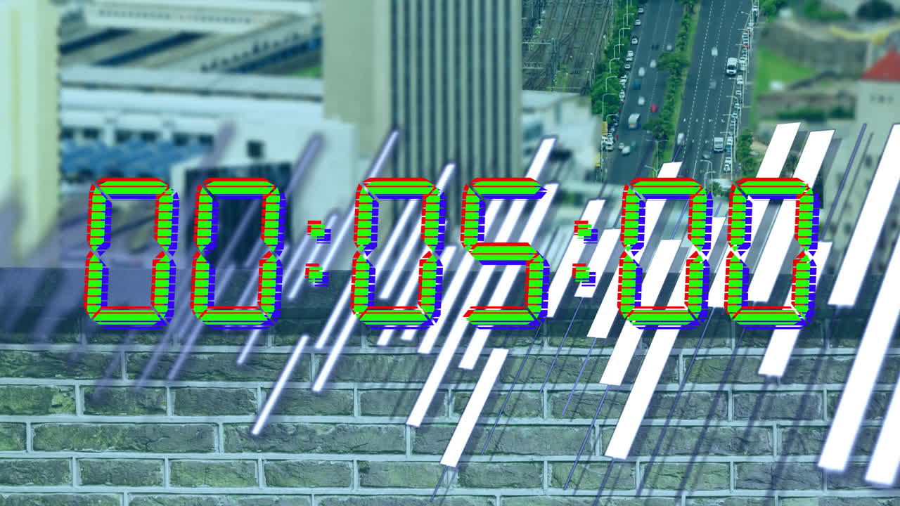 도시 풍경에 대한 카운트다운과 함께 다이어그램의 애니메이션과 데이터 처리