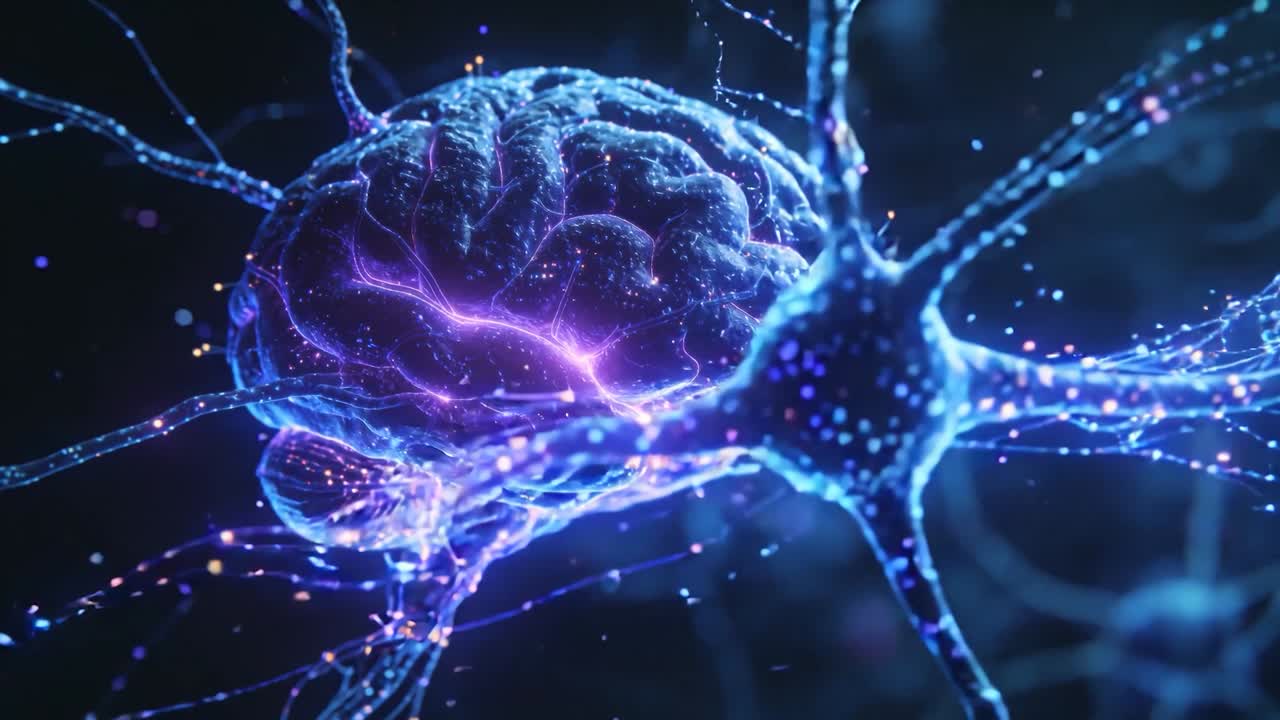 Panning camera bringing neuron forward past stylized brain center-left showing filaments pulsing