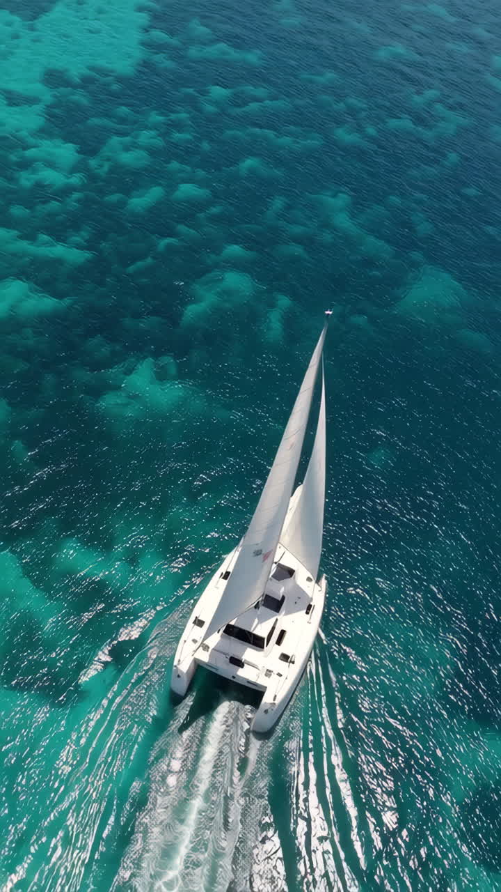 catamarán navegando en aguas turquesas