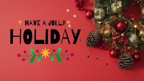 animación de tener un texto de holly jolly sobre las decoraciones de navidad