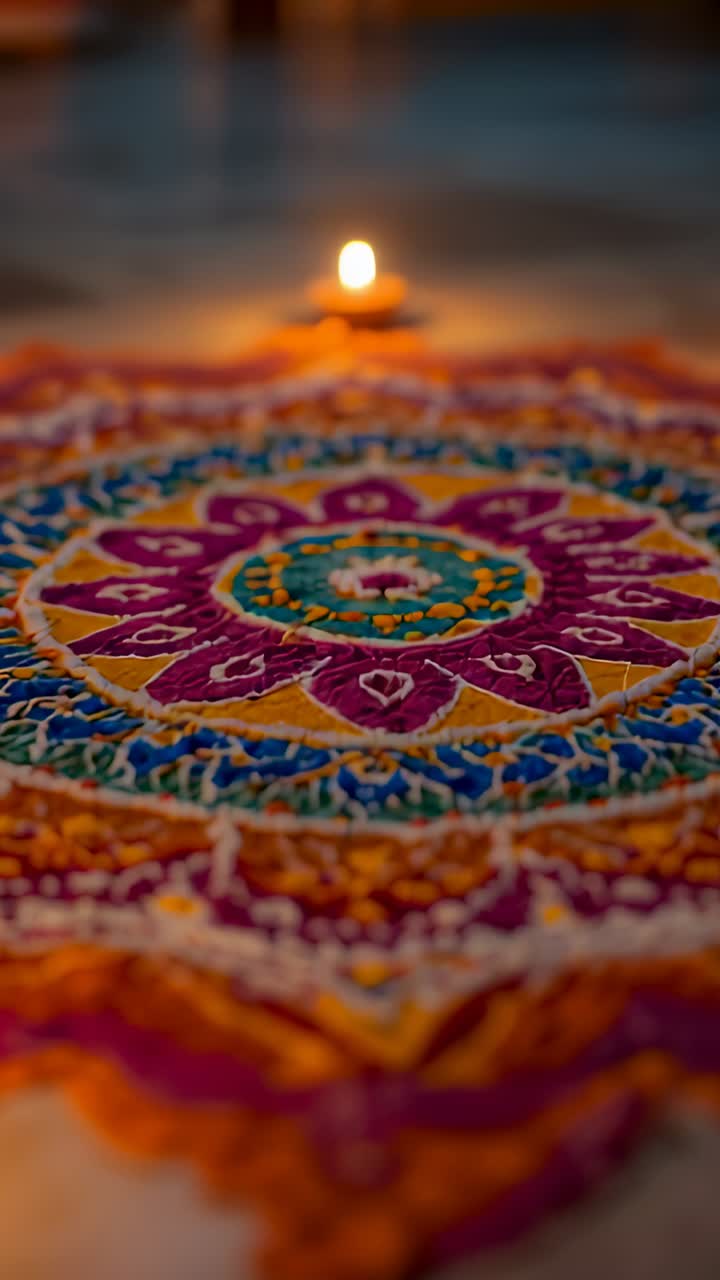 Video verticale: cambio di messa a fuoco con spostamento della telecamera tra il rangoli e la fiamma tremolante del diya all'ingresso