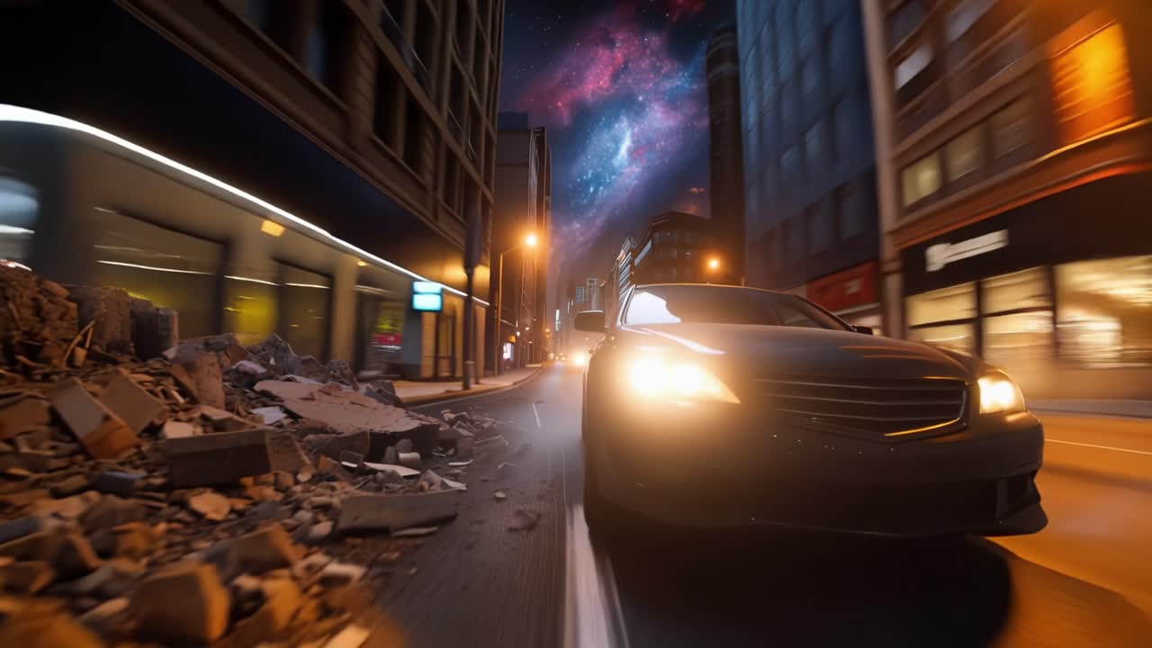 Dark Car Driving Through a Night City Street with Nebula Sky