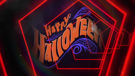 spider web animation with happy halloween text over glowing red geometric shapes