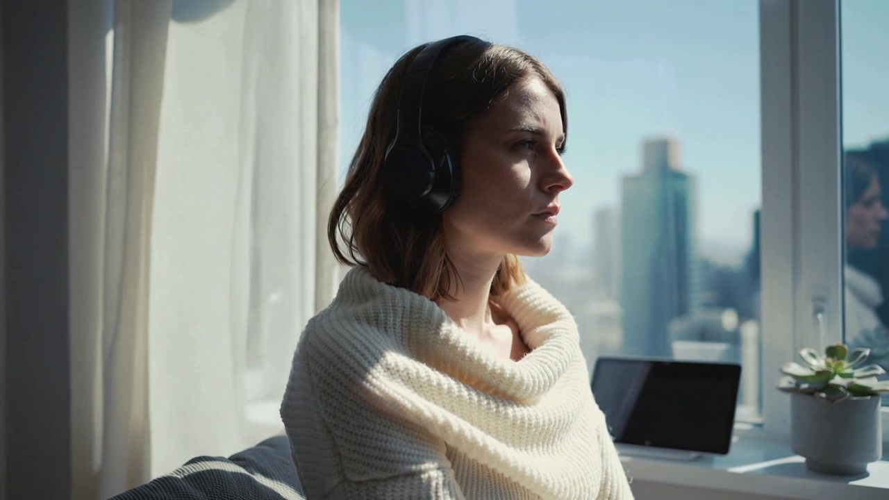 Donna che ascolta, con un maglione a collo alto e cuffie over-ear, che guarda fuori dalla finestra di casa verso la città, riflettendo