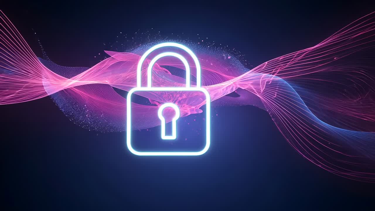 Looping neon padlock icon over dark backdrop after loading, with pink, blue wave streams and sparks