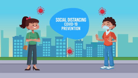 pareja con distanciamiento social mensaje de prevención de covid-19 en la ciudad