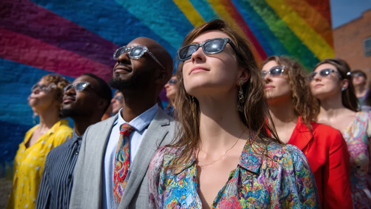 Group of people looking up at a rainbow mural