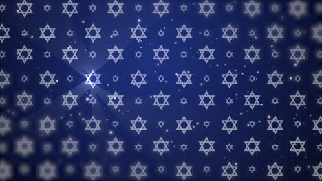 blue background with jewish symbol star of david. abstract animation with shining rays on hexagonal figures of judaism. looped motion graphics.