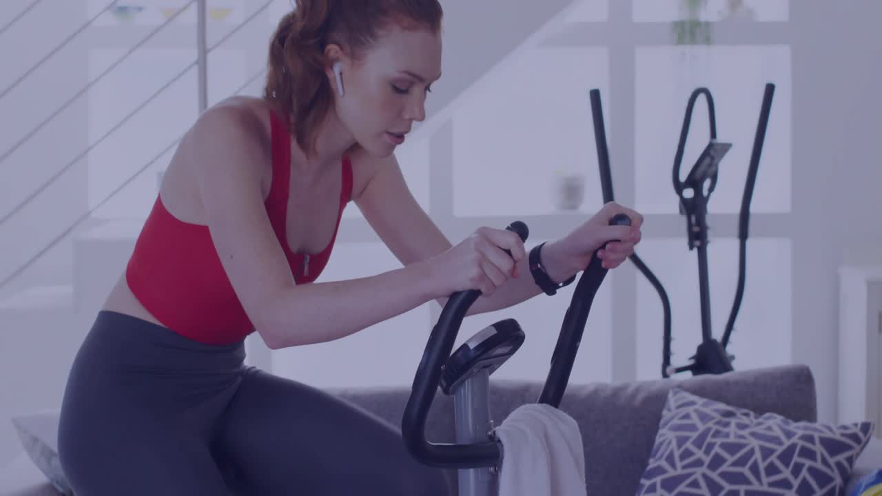 Woman stepping onto bike, pedaling while Subscribe icon activating fitness notifications around her