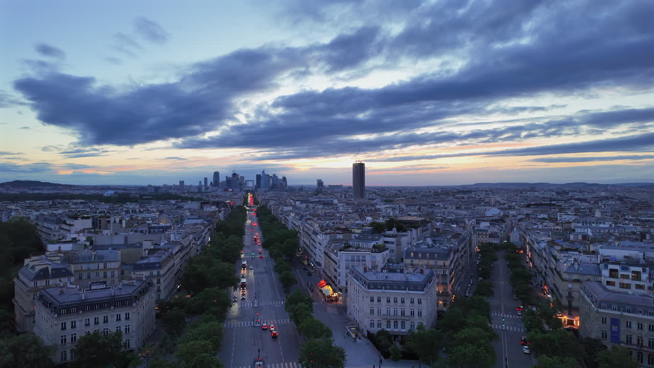 Aerial view of Paris, France in the evening