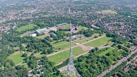 Dolly-forward-drone-shot-towards-Crystal-palace-park-and-radio-tower