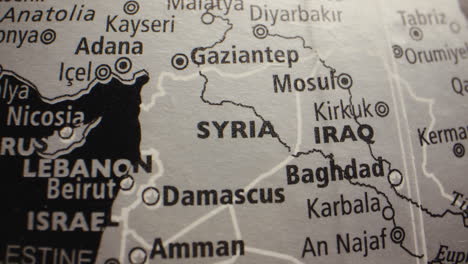 close-up of a map of the middle east, featuring syria, iraq, and neighboring countries