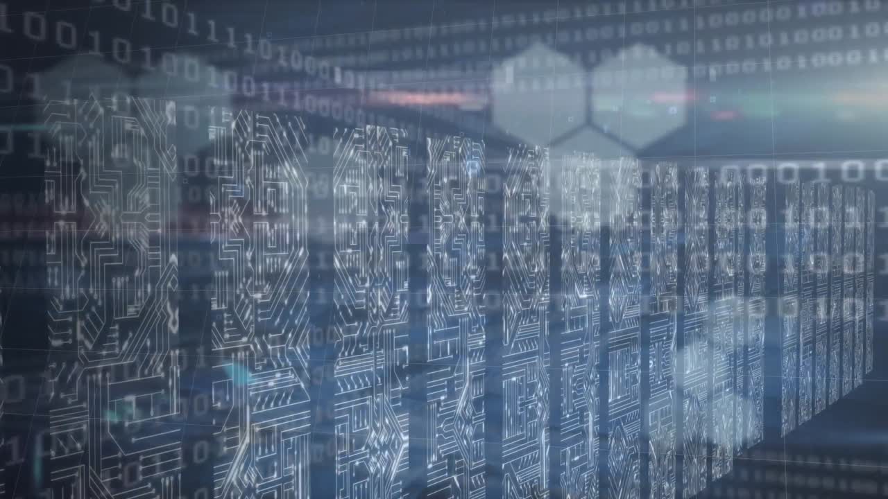 Animation of computer data processing and binary coding over computer servers in background
