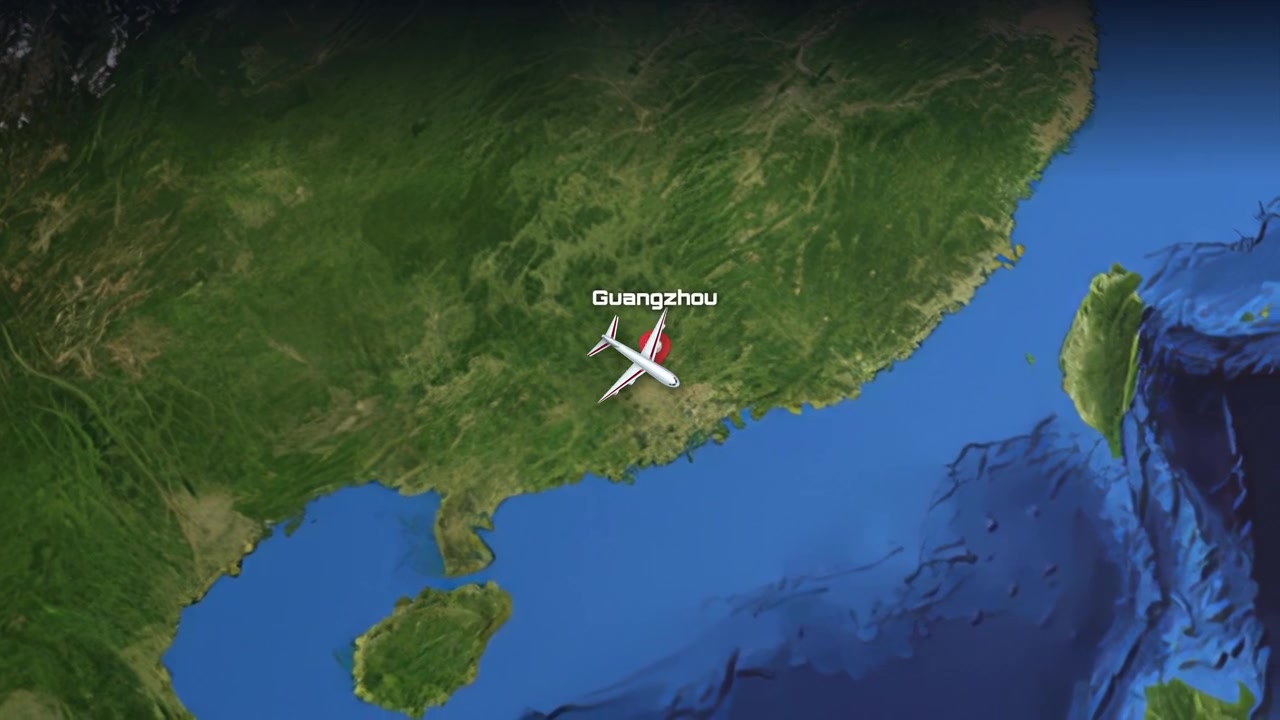 A commercial airplane flies across a 3D digital globe from Istanbul to Guangzhou China