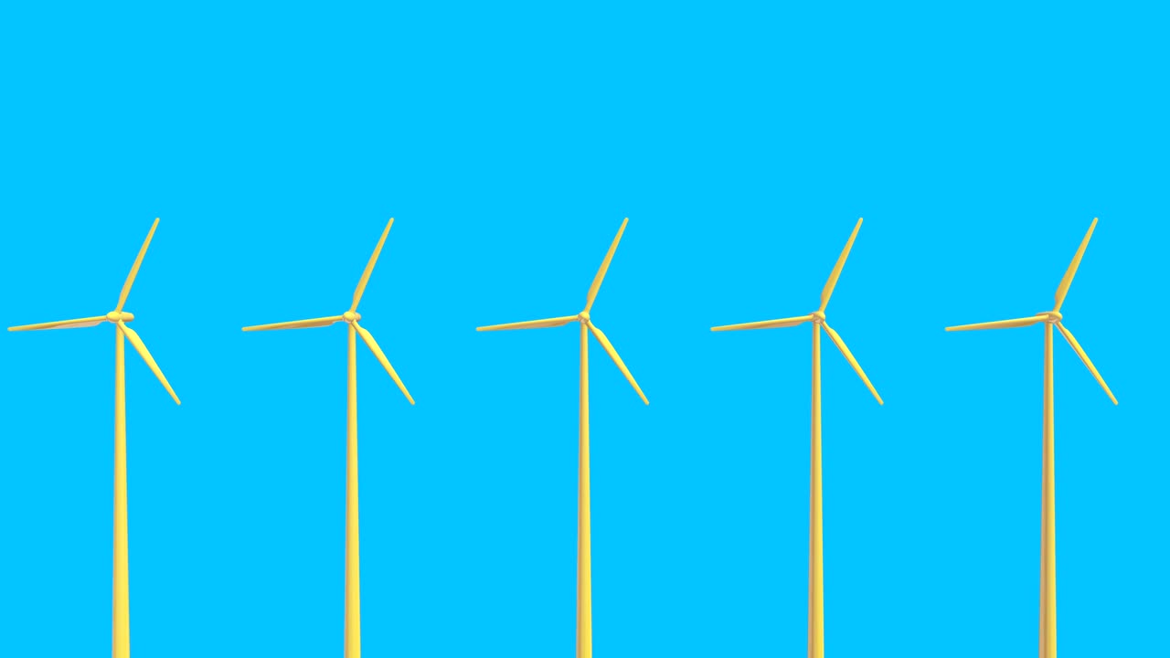 단순한 배경에 고립 된 다채로운 만화 작업 풍력 터빈, 에너지 저장 시스템의 창의적 미니멀리즘 개념, 루프 가능한 디지털 3d 애니메이션.