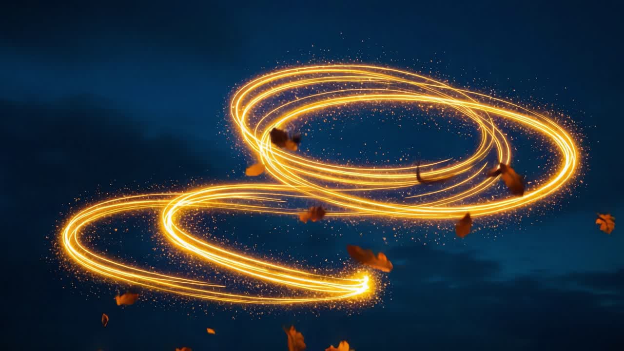 A mesmerizing display of swirling golden trails illuminated against a dark sky, surrounded by gently falling leaves captured in sequential frames