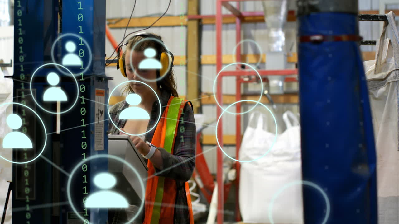 Animation of icons and data processing over caucasian woman working in warehouse